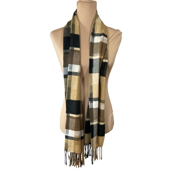 Fraas Cashmink Scarf Tan Black Fringe Tassels Plaid Germany Rectangle - Picture 2 of 5